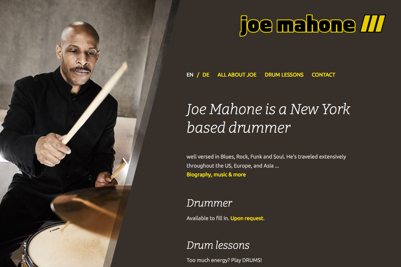 Webdesign für Schlagzeuger Joe Mahone.